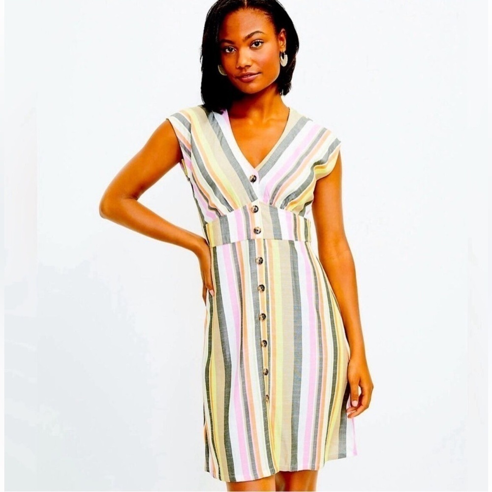 Loft Striped Rainbow Button Flare Mini Dress Women’s Size 0 Petite Boho Viscose